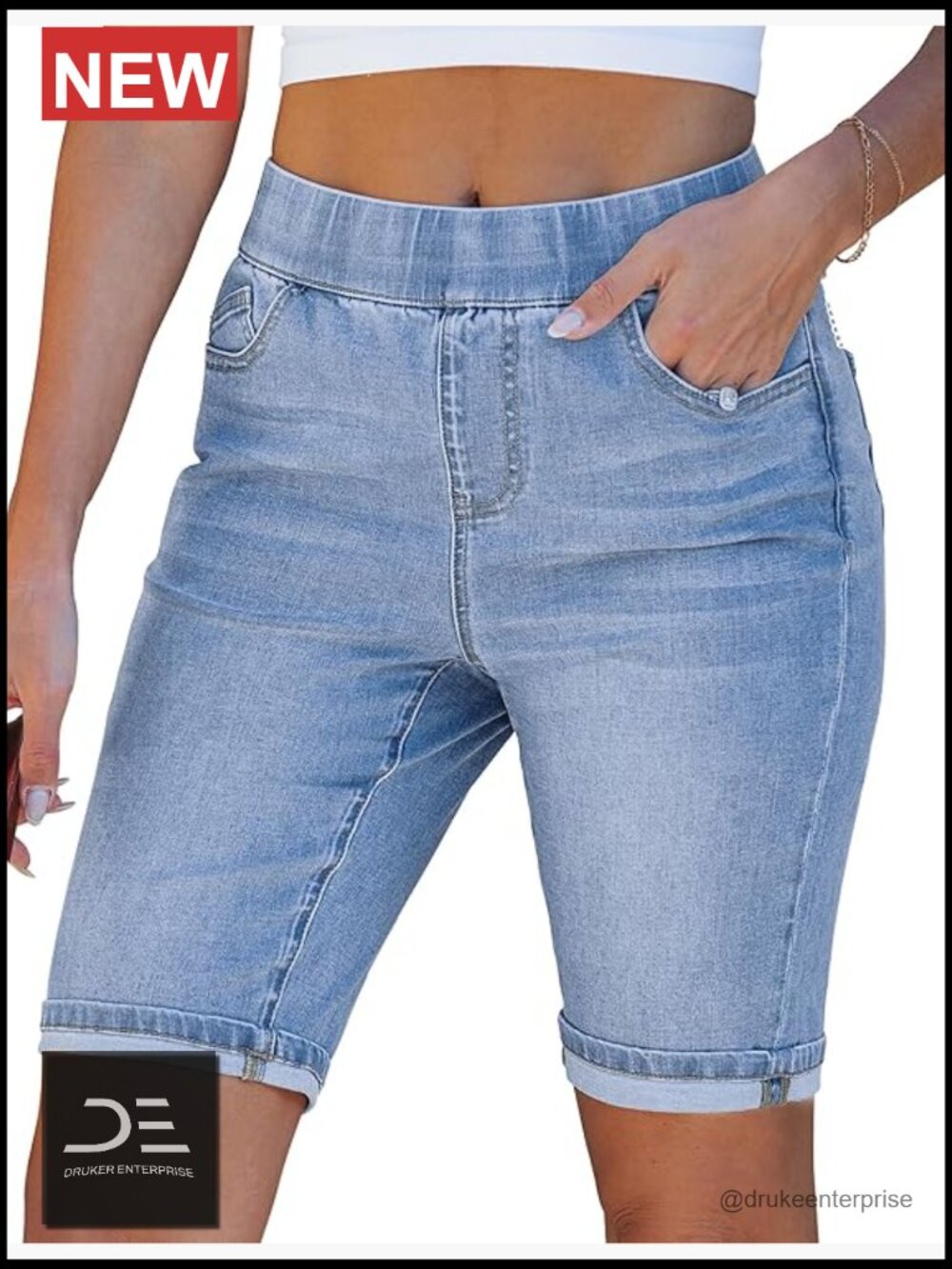 High Waisted Pull On Elastic Waist Denim Bermuda Shorts 10" Inseam Stretchy